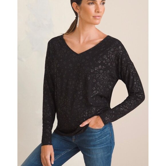 CHICO'S Orange + Gold Touch of Cool Foiled Animal Print Knit Tee NWOT Size Large - Picture 2 of 8